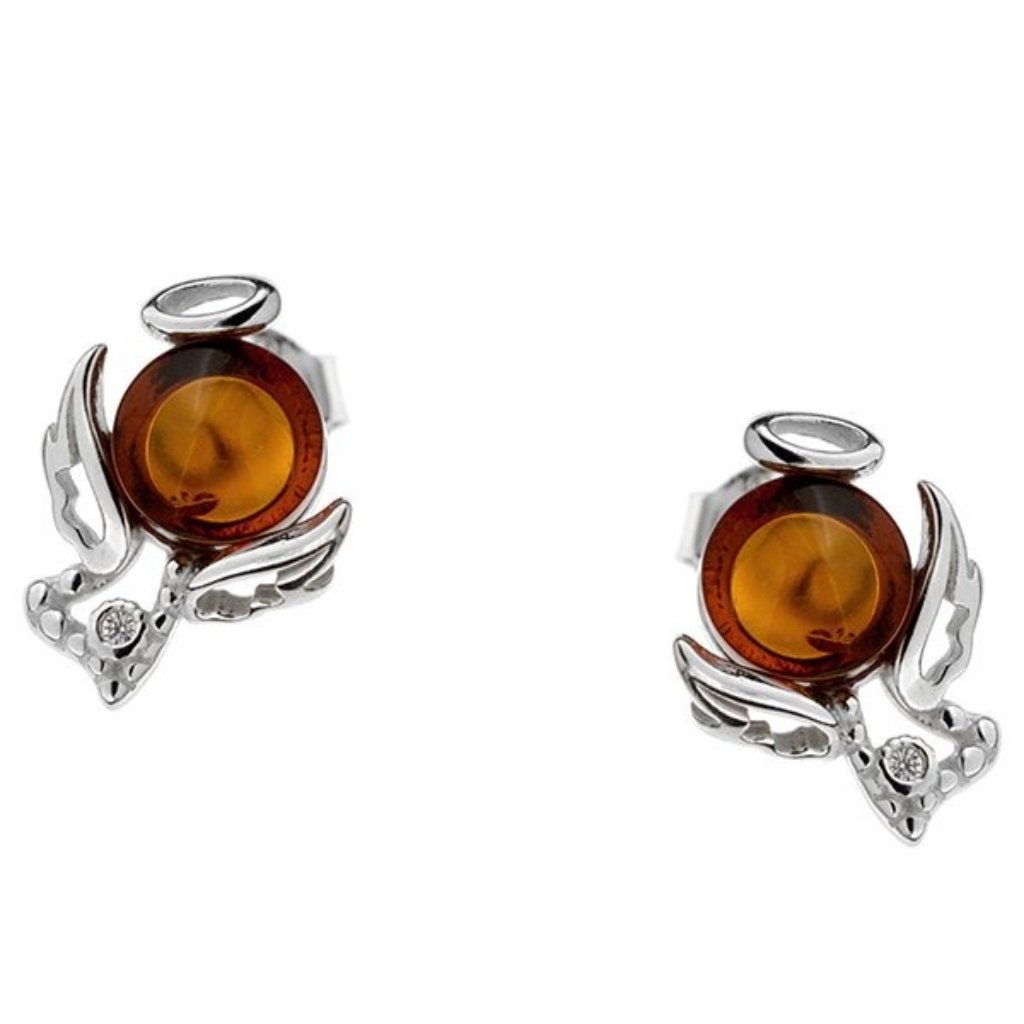 Small Angel Earrings With Cognac Color Amber